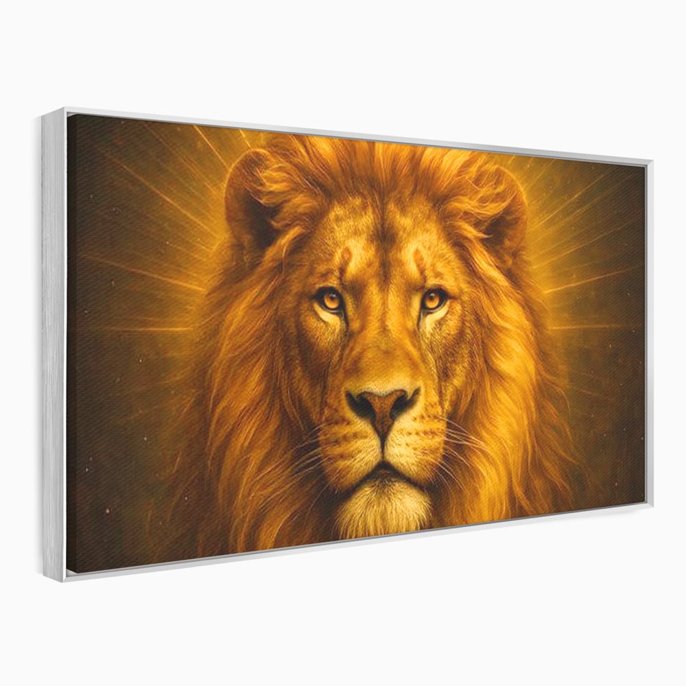 Tablou canvas cu tablou canvas cu portret de leu, in rama de aluminiu argintiu